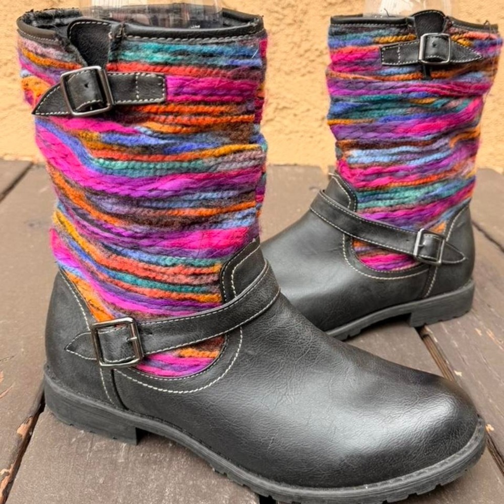 black leather boots with colorful yarn design